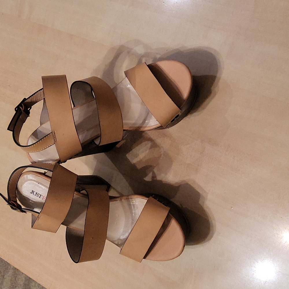 Tan heeled platform sandals